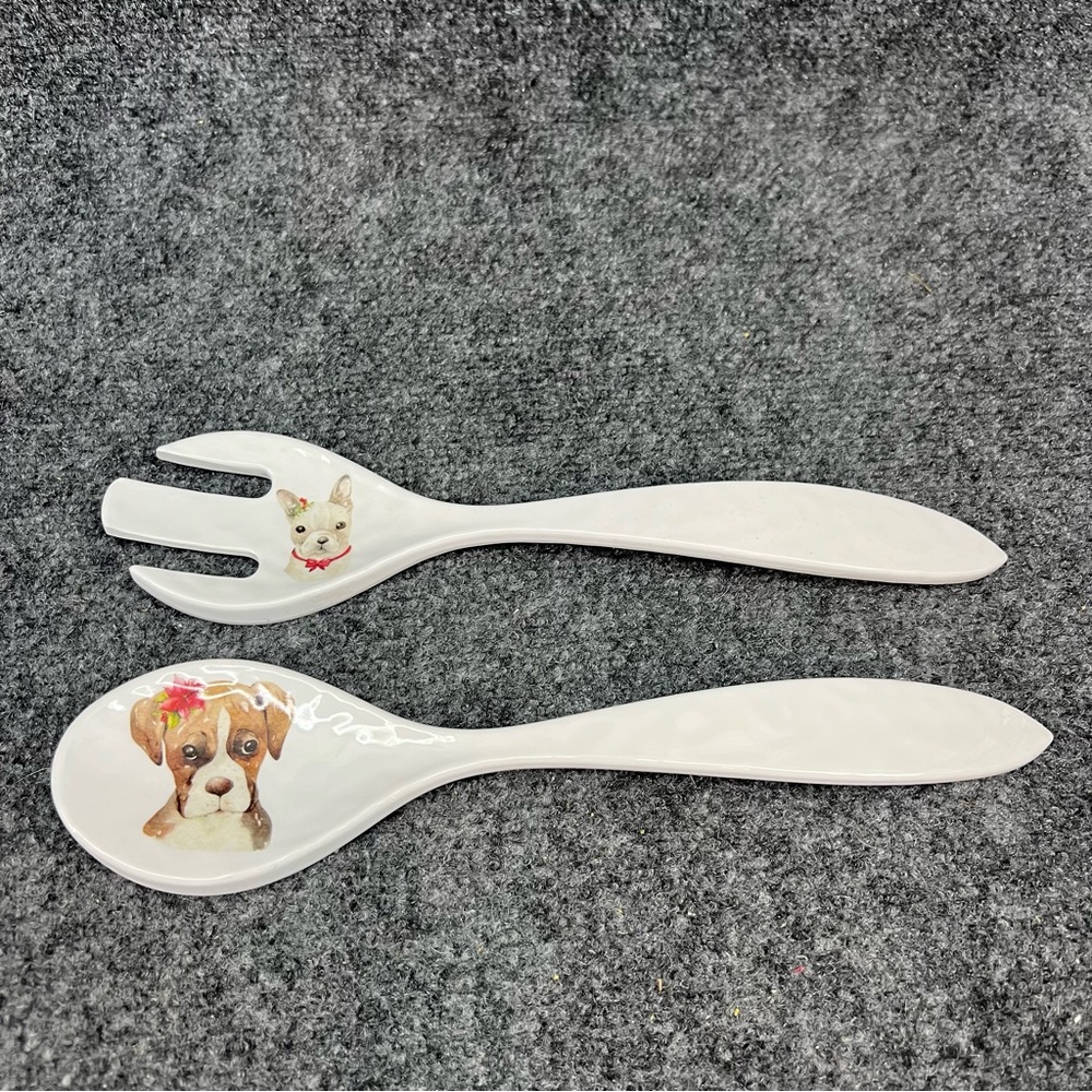 Cynthia Rowley Christmas Dog Salad Serving Utensil Set Boxer French Bulldog